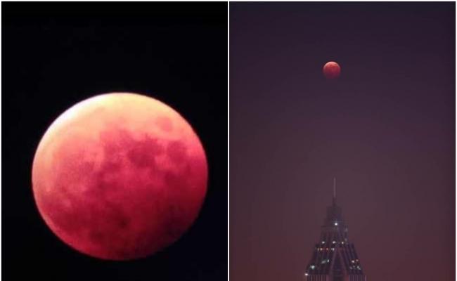 南京上空呈现罕见血的红月亮