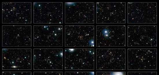 这张图片展示了NASA哈勃太空望远镜观测到的20个猝熄星系――也就是不再形成恒星的星系。每一个星系位于每一个框架里的十字丝处。