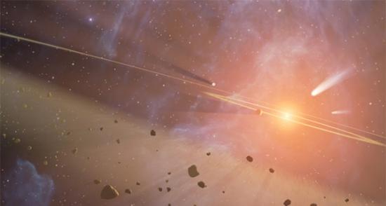 艺术家描绘的被大量彗星物质包围的原始太阳