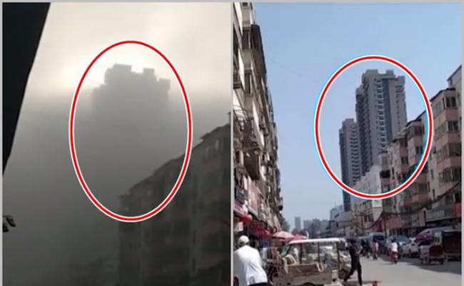 大雾散去之后，原本被以为是“海市蜃楼”的景象（左图），原来是一幢住宅大楼（右图）。