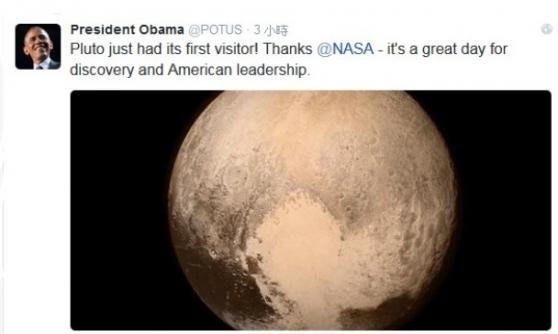 奥巴马在NASA的twitter留言，恭贺新视野号任务成功。
