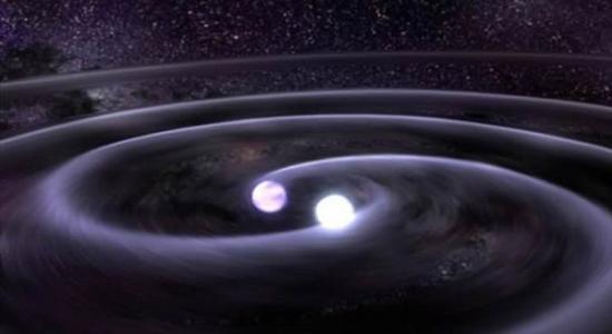 艺术概念图，展示了两颗中子星相撞的景象。围绕快速射电暴的源头，科学家提出了一系列理论，其中包括耀星、白矮星合并、中子星撞击以及外星人信号。中子星相撞通常会形成一