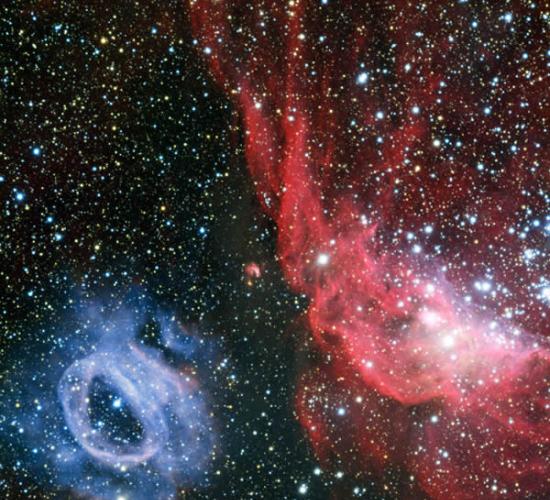 近期欧洲南方天文台的甚大望远镜在这里观测到一个有趣的恒星新生区。在这里展示的这张照片中可以看到两个清晰的发光气体云团，分别是红色的NGC 2014以及它身旁蓝色