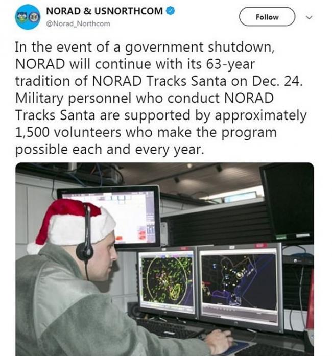 NORAD在社交网Twitter上宣布继续任务。