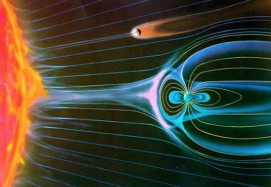 这张艺术家印象图展示了金星、地球和火星的磁场与太阳发射的带电粒子流发生相互作用。地球磁场保护了自身不受到伤害。