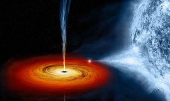 科学家首次发现一个向外喷射铁和镍等重金属的黑洞，被称之为“4U1630-47”。这幅艺术概念图便展示了这个黑洞。图像的右侧为一颗巨大的蓝星，左侧盘的中央黑洞正向