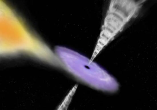 艺术概念图，展示了一个正在吞噬伴星物质的黑洞。来自恒星的物质流向黑洞，在黑洞周围形成一个物质盘。这个物质盘温度极高，放射出X射线