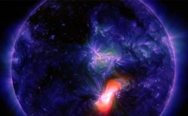 太阳表面爆发闪焰，会引起磁暴。图为美国太空总署（NASA）所拍摄的太阳紫外线。