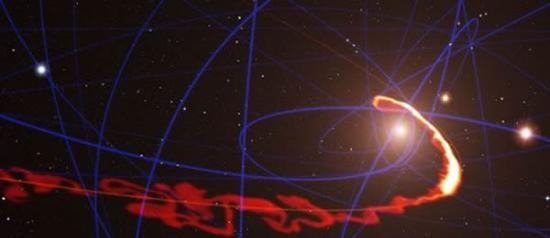 科学家正密切注视银河系中心一个超大质量黑洞吞噬一股气体云团的场景。在黑洞巨大的引力场作用下，这股气体云已经被拉伸成为意大利面条般的形状