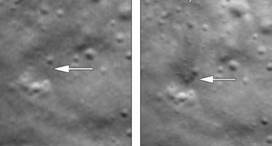 宇航局的月球勘测轨道器拍摄的两幅照片，展示了一颗月球探测器的撞月点，左图在撞击前拍摄，右图在撞击后拍摄
