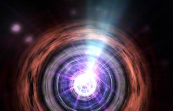 在一些活动星系的核心，物质盘旋下落，形成粒子流，其速度接近光速