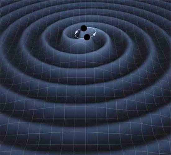 艺术家印象图：两个环绕黑洞形成的引力波