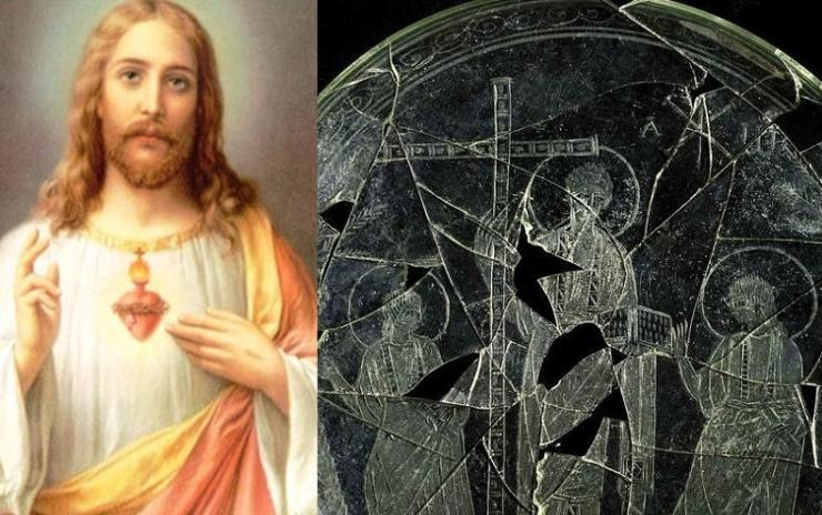 玻璃碟中刻划无胡须耶稣(右图中)，颠覆世人熟悉的耶稣形象(左)。