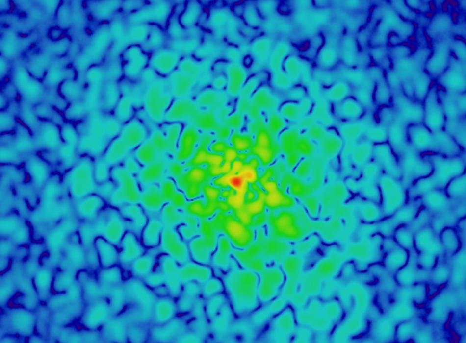 极轻暗物质电脑模拟中的暗物质晕(dark matter halo)，孤立子位于中心高密度的红色区域。图片来源：台湾大学天文所。