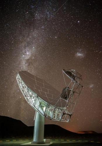图中显示的是MeerKAT望远镜阵射电天线的照片，背景是银河和麦哲伦星云