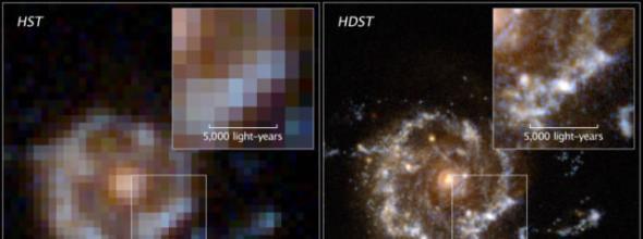 哈勃太空望远镜观测的星系图像（左）；新型太空望远镜观测到的图像（右）（模拟图）