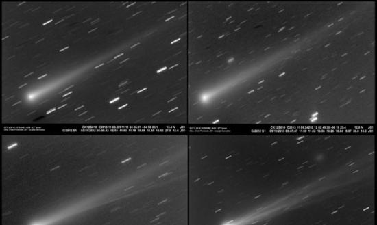 从左至右从上到下，依次为11月3日、9日、12日、14日的ISON彗星。可以看到ISON在逐渐变亮，彗尾也发生了显著变化。