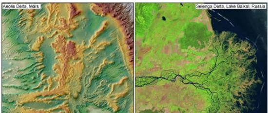 两颗行星的对比：左侧：彩色地形图，展示在火星Aeolis Dorsa地区一片被科学家们认为是古代河流冲击三角洲的区域；右侧：一个地球上的现代河流冲击三角洲卫星图