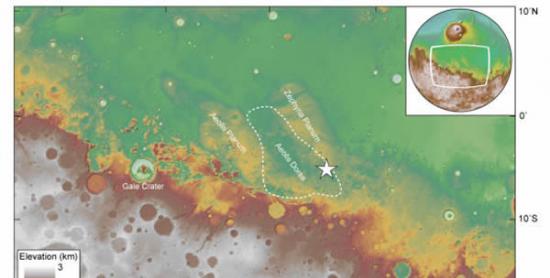 宏观地图，展示此次发现的古代冲积三角洲地形（白色五角星）在火星Aeolis Dorsa地区（虚线圈出）的位置。这一地区恰好位于遍布陨石坑，地形较高的火星南部地区