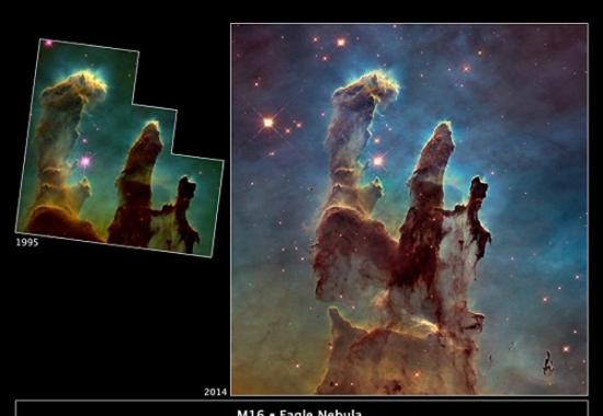 哈勃望远镜原始（左）和最新拍摄（右）的“创生之柱”照片