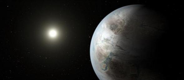 艺术家描绘的Kepler 452b行星环绕Kepler 452恒星运行，它距离地球1400光年。