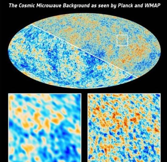 WMAP探测器与普朗克空间望远镜绘制的CMB分布图，后者显示出相当高的观测精度