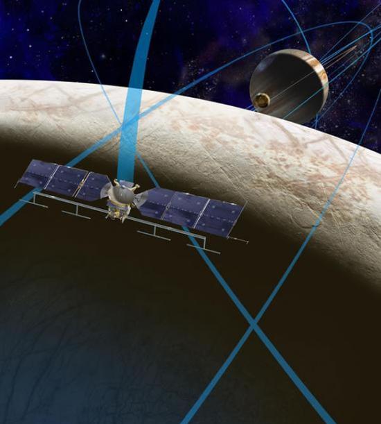 艺术示意图：正在木星系统进行考察的木卫二探测器。美国宇航局计划中的该探测器将围绕木星运行，并在为期3年的任务期间45次飞过木卫二附近进行相关探测工作