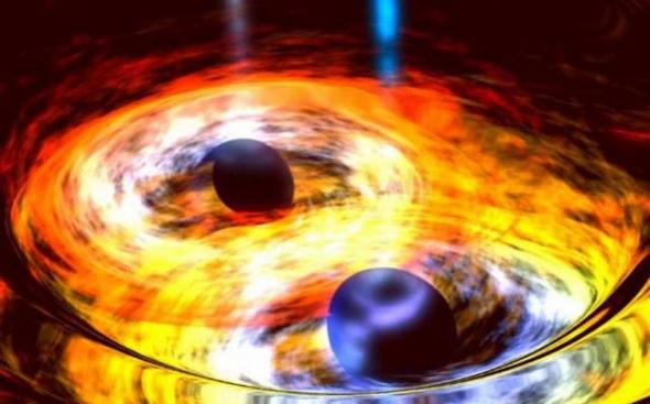 这是艺术家描绘的彼此环绕的双黑洞结构，最新研究表明，宇宙中存在双黑洞的星系数量远低于之前预期。