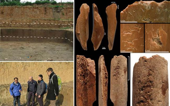 左上展示许昌人遗址发掘场景；左下是研究者于2016年冬考察许昌人遗址照片（从左至右：李占扬，Francesco d’Errico，李浩，Luc Doyon）；右
