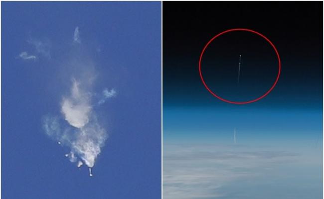 火箭升空途中故障（左图），国际太空站的太空人拍到事发一刻（右图红圈）。