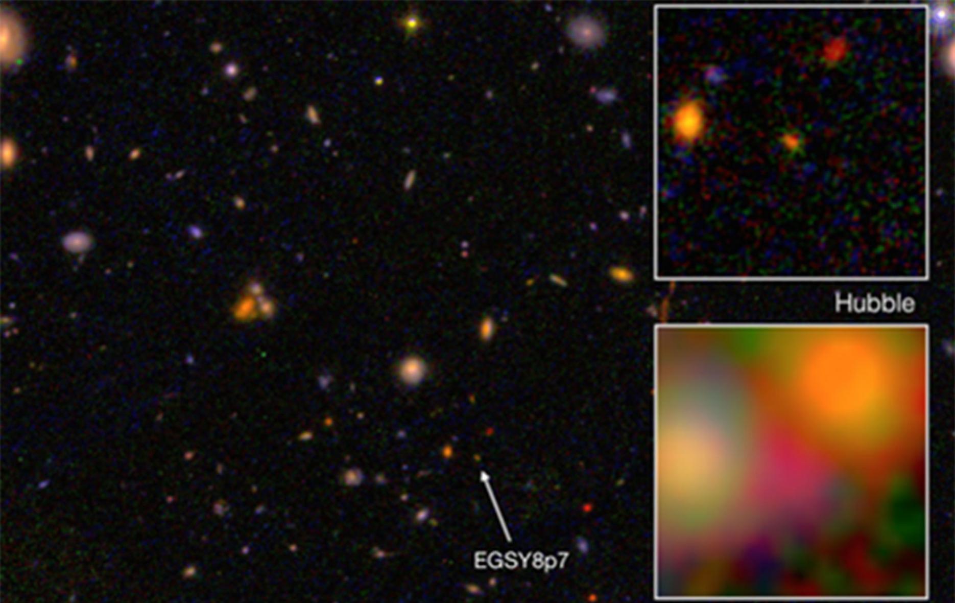 哈勃太空望远镜(右上图)和斯皮策太空望远镜(右下图)拍摄的EGS8p7星系图像