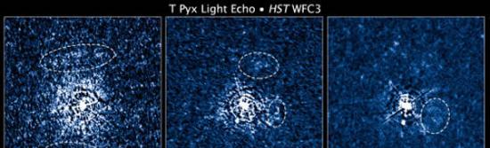 这三张图像均为哈勃空间望远镜拍摄，展示了从一颗爆发恒星喷发出的物质在其周遭空间堆积的三维结构。