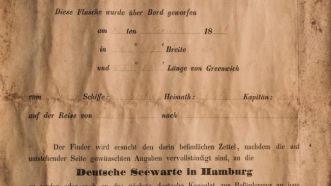 信中要求拾获者把信送回汉堡德国海军天文台或附近的德国领事馆。