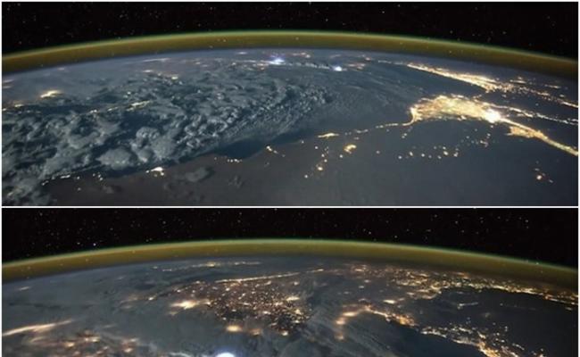 国际太空站太空人拍摄暴风雨吹袭欧洲与非洲时不断闪电的情景