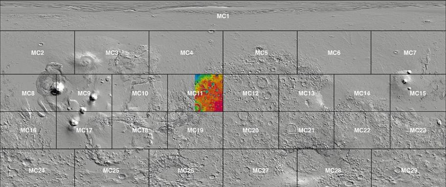 图中显示的是阿瑞斯谷，其中包括彩色“MC-11”区域，其它区域是由德国宇航中心广域地形测量拍摄的，德国宇航中心研究小组希望2018年能够在一张连贯拼接图像中呈现