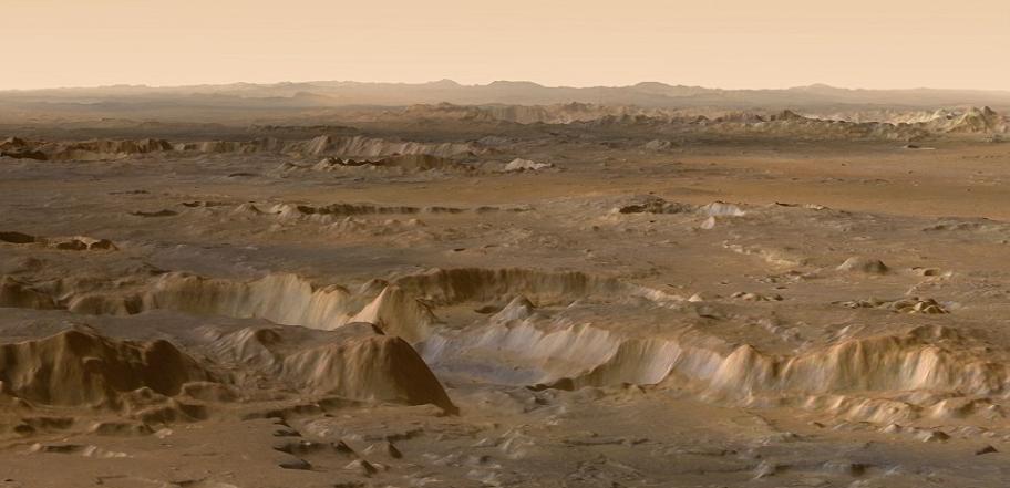 图中是阿瑞斯谷泄水渠部分结构，构建这样的一个3D模型需要宇宙飞船以不同角度两次观测同一表面。火星快车探测器的高分辨率立体相机是仅一次掠过火星表面拍摄成功的唯一设