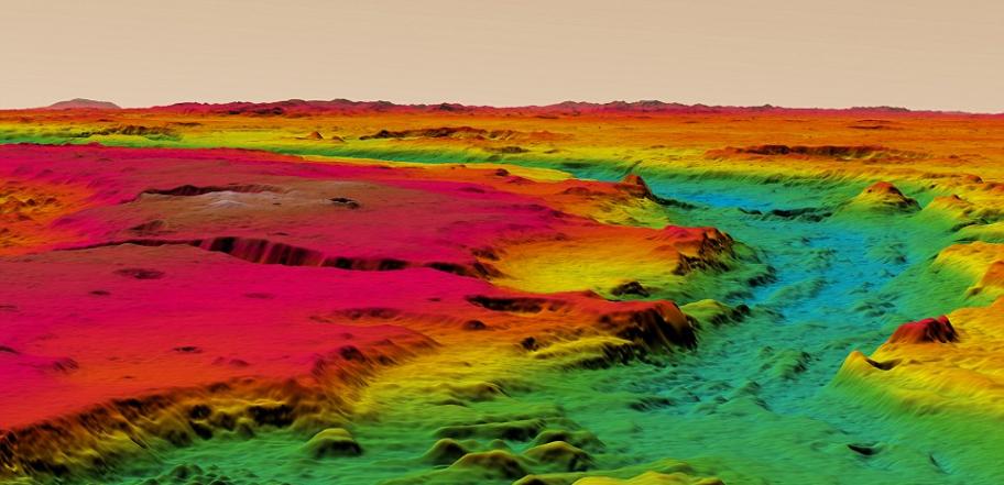 最新绘制的火星3D地图，让科学家仿佛“站在”火星表面，这将有助于解释远古时期火山表面水和熔岩如何流动，形成当前的地质结构。如图所示，这是邻近火星克里斯平原的阿瑞