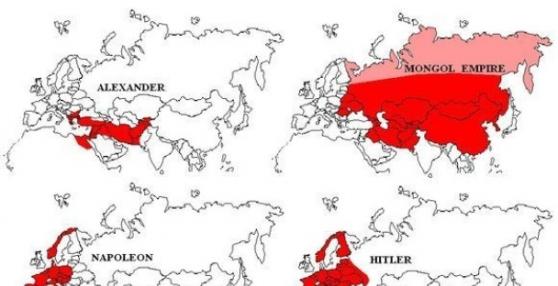 蒙古帝国与历史其他帝国的比较。（左上：亚历山大大帝的国土、左下：拿破仑的国土、右下：希特勒的国土）