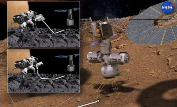 火卫一登陆任务效果图，登陆地点可能选在“斯蒂克尼陨石坑”内，火卫一直径约22公里，引力十分微弱