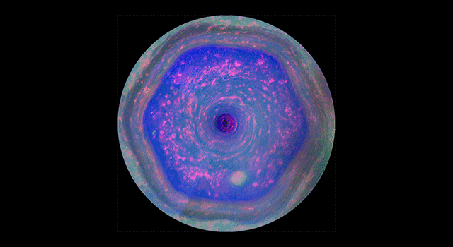 土星北极的巨大六边形涡旋已经困扰了科学家近三十年，近期的研究结果显示，这一难题有望得到解答。这个奇特的六边形结构的旋转动态如图所示。该涡旋位于土星北极上空，旋转