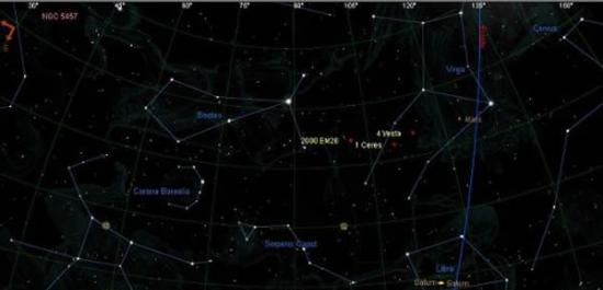 这张图标出了小行星2000 EM26在2014年2月17日夜空中的位置