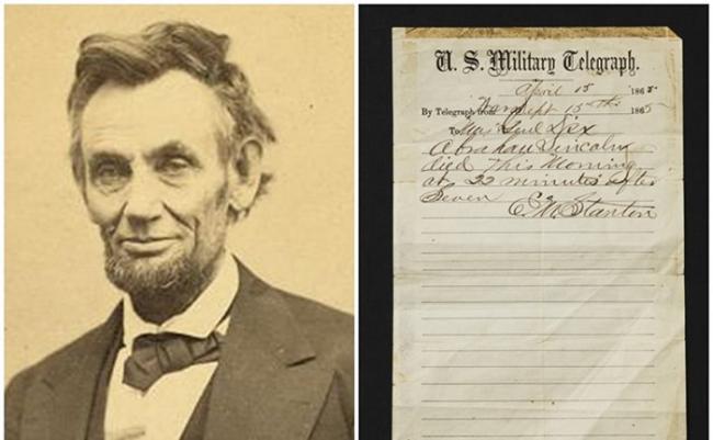 林肯（左图）遇刺死讯的电报手稿（右图）将首次拍卖。