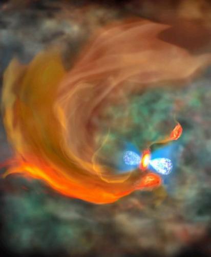 以ALMA电波望远镜的观测结果为基础描绘的想象图。在被蓝色气体云夹着的原始星（刚刚诞生的星体）下部，红色团块为“星体的种子”