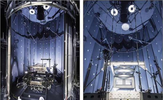 今年春季，一台JWST望远镜的模型机――一台被称作“探路者”的模型望远镜将在这个实验舱内接受低温光学测试(左图)；测试舱内的一台大型专用吊机将在测试期间用于望远