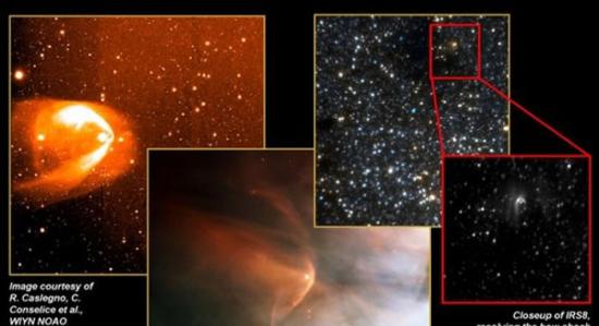 由美国宇航局空间望远镜拍摄到高速运行的恒星周围出现“弓形激波”的情景