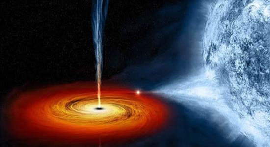天鹅座X-1的艺术家概念图显示了黑洞吸引伴星的物质进入炙热的旋转盘里。