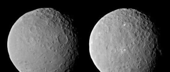 这两张谷神星的照片经过了强化处理以提升其清晰度，拍摄时间为2015年2月19日，距离约4.6万公里。这两张照片上谷神星完成了一次自转，周期约9小时。