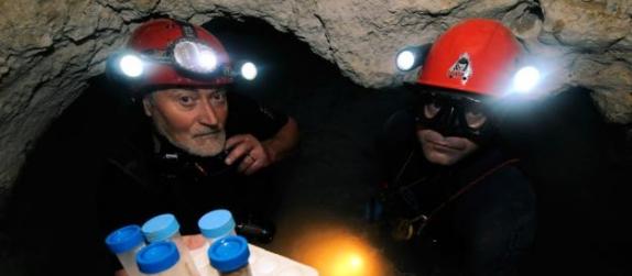 然而，如此恶劣的环境，竟然是许多怪异生物的幸福家园。科学家们惊奇地发现，莫维勒洞穴竟然生活着48种动物，其中33种是世界其它地方所没有的。图为罗马尼亚科学家克里