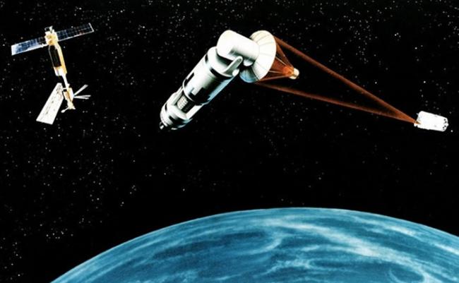 冷战时期的“星战计划”，提出在太空部署反导武器。图为构想图。