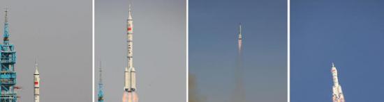 2012年6月16日，神舟九号飞船在酒泉卫星发射中心发射成功（拼版照片）。